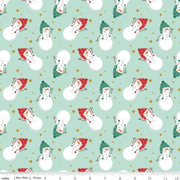 Image of the Flannel Snowmen Songbird quilting cotton fabric by Riley Blake Designs. Features snowmen on a blue background. Cute Little Fabric Shop