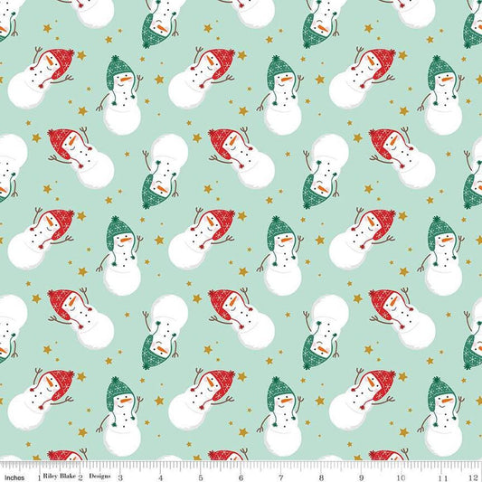 Image of the Flannel Snowmen Songbird quilting cotton fabric by Riley Blake Designs. Features snowmen on a blue background. Cute Little Fabric Shop