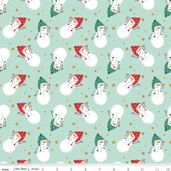 Image of the Flannel Snowmen Songbird quilting cotton fabric by Riley Blake Designs. Features snowmen on a blue background. Cute Little Fabric Shop