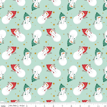 Image of the Flannel Snowmen Songbird quilting cotton fabric by Riley Blake Designs. Features snowmen on a blue background. Cute Little Fabric Shop