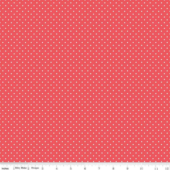 Image of the Flannel Swiss Dot Red quilting cotton fabric by Riley Blake Designs. Features swiss dot on a red background. Cute Little Fabric Shop
