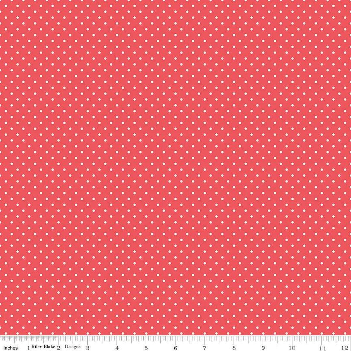 Image of the Flannel Swiss Dot Red quilting cotton fabric by Riley Blake Designs. Features swiss dot on a red background. Cute Little Fabric Shop