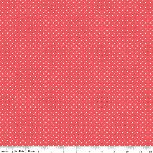 Image of the Flannel Swiss Dot Red quilting cotton fabric by Riley Blake Designs. Features swiss dot on a red background. Cute Little Fabric Shop