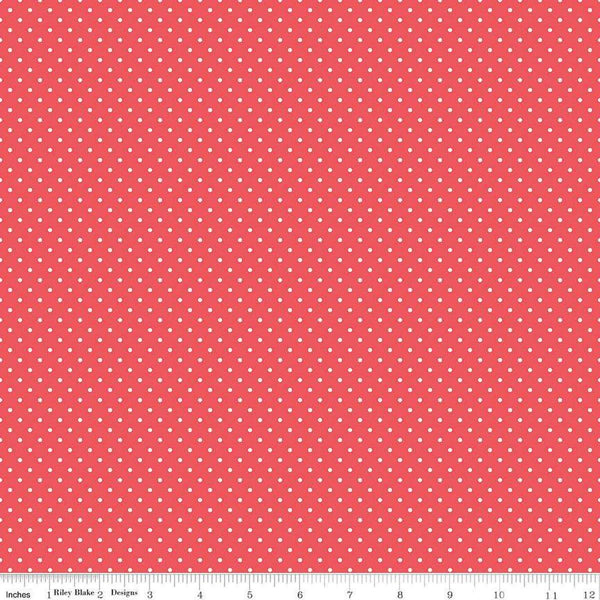 Image of the Flannel Swiss Dot Red quilting cotton fabric by Riley Blake Designs. Features swiss dot on a red background. Cute Little Fabric Shop