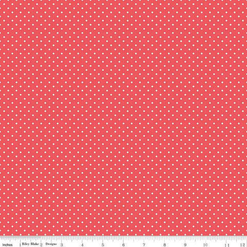 Image of the Flannel Swiss Dot Red quilting cotton fabric by Riley Blake Designs. Features swiss dot on a red background. Cute Little Fabric Shop