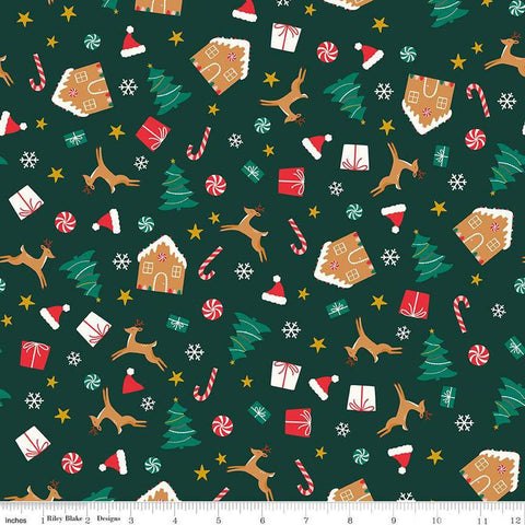 Image of the Flannel Christmas Icons Forest quilting cotton fabric by Riley Blake Designs. Features icons on a green background. Cute Little Fabric Shop