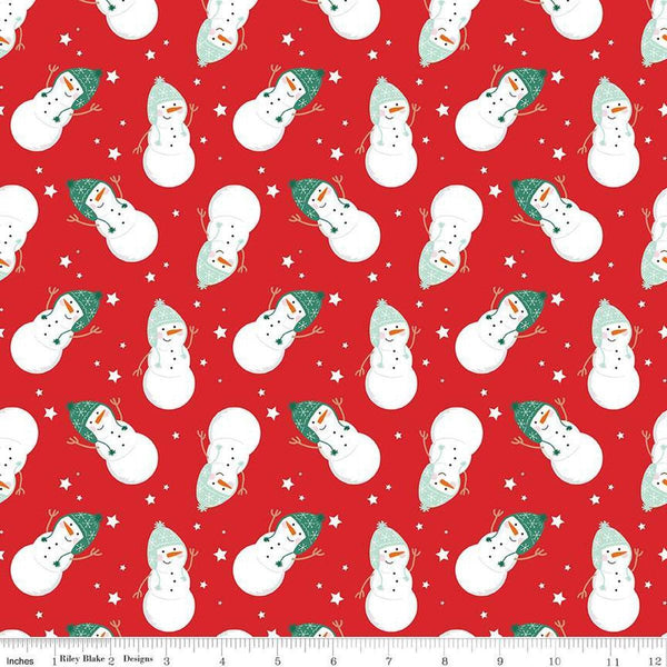 Image of the Flannel Snowmen Red quilting cotton fabric by Riley Blake Designs. Features snowmen on a red background. Cute Little Fabric Shop