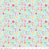 Image of the Flannel Sweets blue quilting cotton fabric by Riley Blake Designs. Features sweets on a blue background. Cute Little Fabric Shop