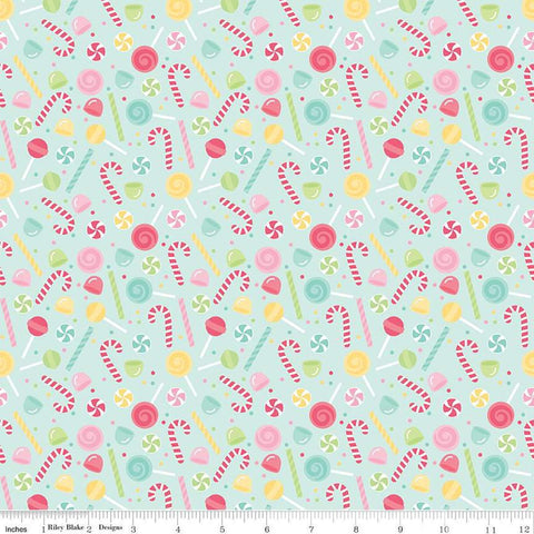 Image of the Flannel Sweets blue quilting cotton fabric by Riley Blake Designs. Features sweets on a blue background. Cute Little Fabric Shop
