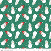 Image of the Flannel Snowmen Green quilting cotton fabric by Riley Blake Designs. Features snowmen on a green background. Cute Little Fabric Shop