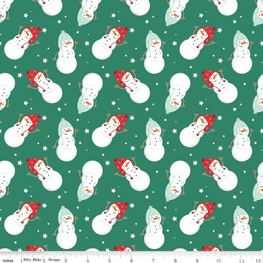 Image of the Flannel Snowmen Green quilting cotton fabric by Riley Blake Designs. Features snowmen on a green background. Cute Little Fabric Shop