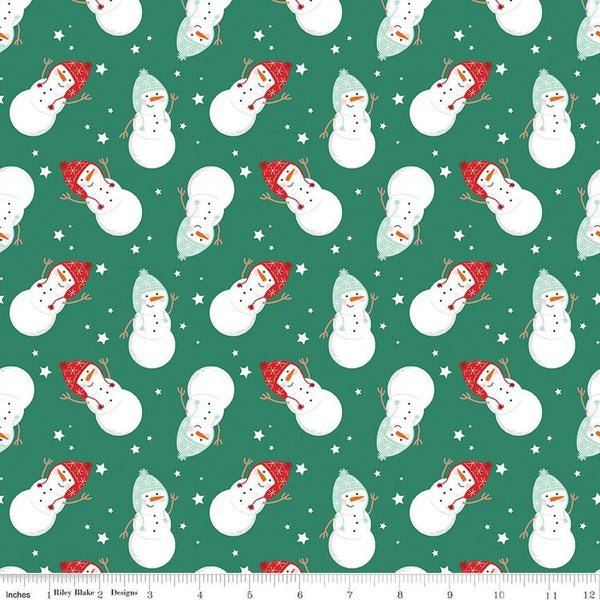 Image of the Flannel Snowmen Green quilting cotton fabric by Riley Blake Designs. Features snowmen on a green background. Cute Little Fabric Shop