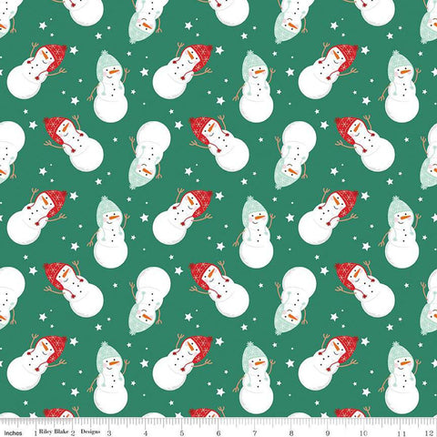 Image of the Flannel Snowmen Green quilting cotton fabric by Riley Blake Designs. Features snowmen on a green background. Cute Little Fabric Shop