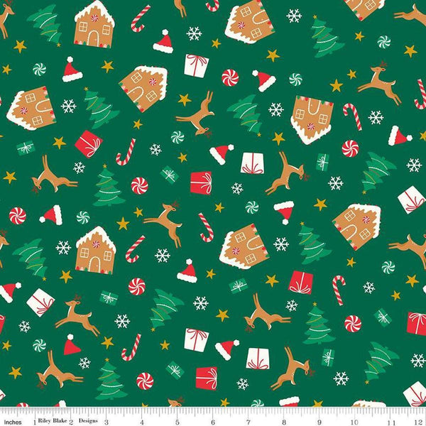 Image of the Flannel Christmas Icons Green quilting cotton fabric by Riley Blake Designs. Features icons on a green background. Cute Little Fabric Shop