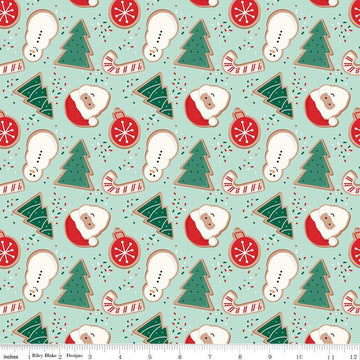 Image of the Flannel Christmas Cookies Songbird quilting cotton fabric by Riley Blake Designs. Features cookies on a blue background. Cute Little Fabric Shop
