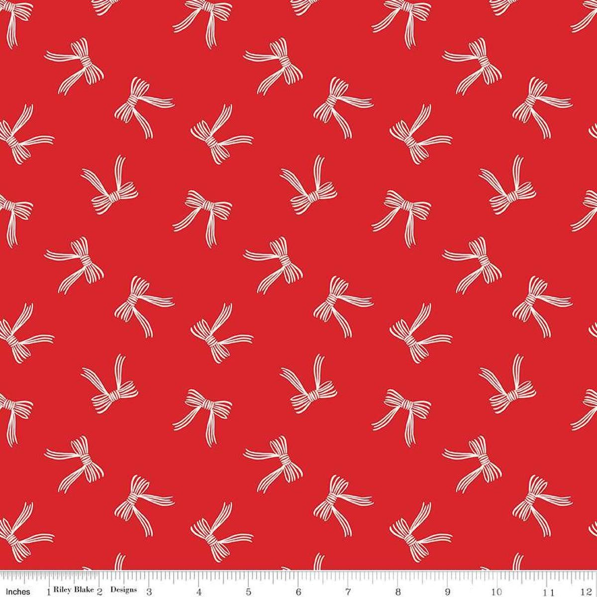 Image of the Flannel Bows Red quilting cotton fabric by Riley Blake Designs. Features bows on a re background. Cute Little Fabric Shop