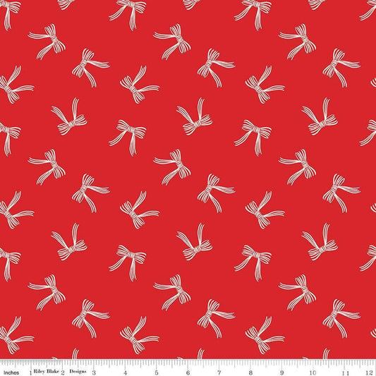 Image of the Flannel Bows Red quilting cotton fabric by Riley Blake Designs. Features bows on a re background. Cute Little Fabric Shop