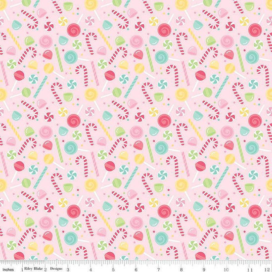 Image of the Flannel Sweets Pink quilting cotton fabric by Riley Blake Designs. Features sweets on a pink background. Cute Little Fabric Shop
