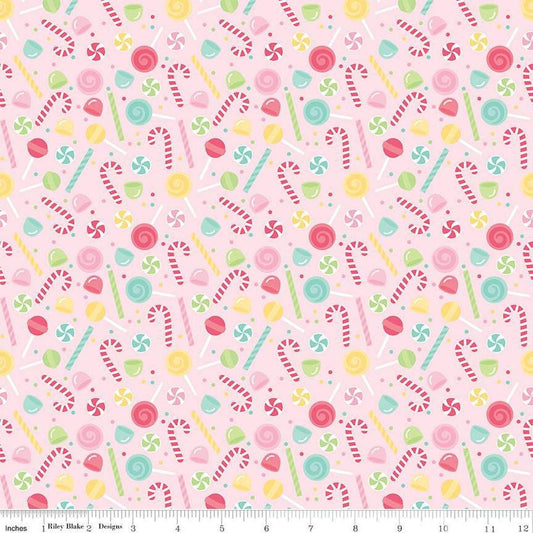 Image of the Flannel Sweets Pink quilting cotton fabric by Riley Blake Designs. Features sweets on a pink background. Cute Little Fabric Shop