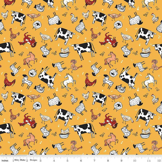 Image of the Farm Livin' Animal Toss Yellow quilting cotton fabric by Riley Blake Designs. Features farm animals like chickens, horses, sheep, and ducks on a yellow background. 
Cute Little Fabric Shop