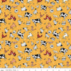 Image of the Farm Livin' Animal Toss Yellow quilting cotton fabric by Riley Blake Designs. Features farm animals like chickens, horses, sheep, and ducks on a yellow background. 
Cute Little Fabric Shop
