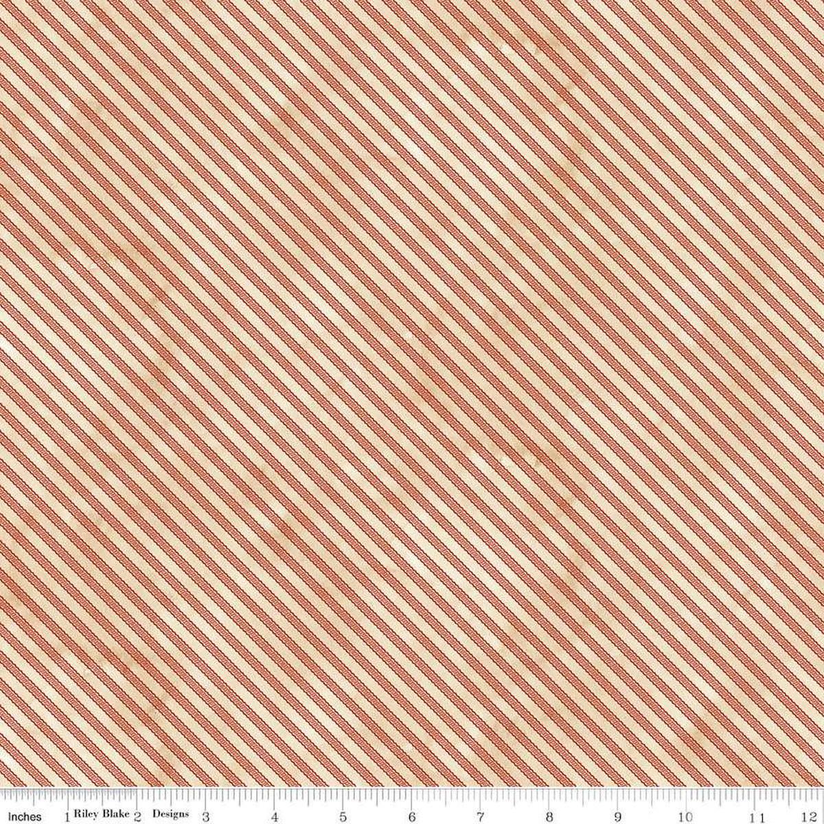 Image of the Naughty and Nice Ticking Parchment quilting cotton fabric by Riley Blake Designs. Features stripes on a cream background. Cute Little Fabric Shop