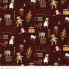 Image of the Naughty and Nice Toys Cranberry quilting cotton fabric by Riley Blake Designs. Features toys on a red background. Cute Little Fabric Shop