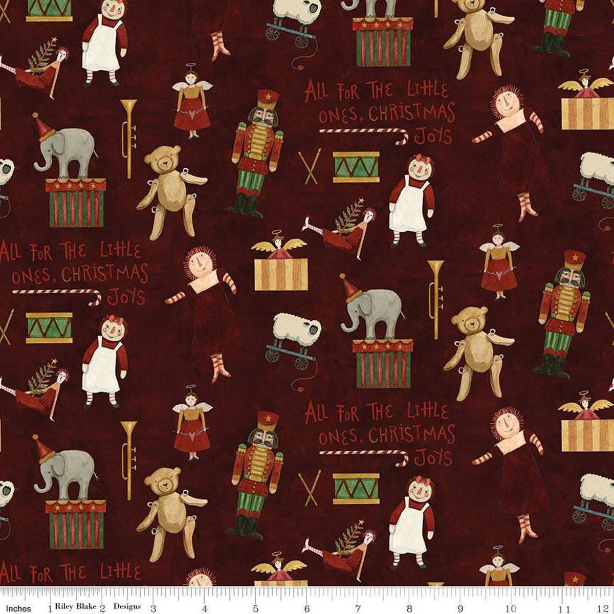 Image of the Naughty and Nice Toys Cranberry quilting cotton fabric by Riley Blake Designs. Features toys on a red background. Cute Little Fabric Shop
