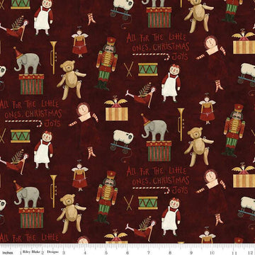 Image of the Naughty and Nice Toys Cranberry quilting cotton fabric by Riley Blake Designs. Features toys on a red background. Cute Little Fabric Shop