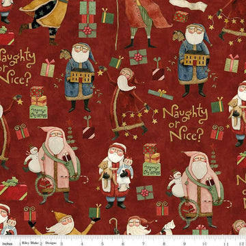 Image of the Naughty and Nice Main Red quilting cotton fabric by Riley Blake Designs. Features icons on a red background. Cute Little Fabric Shop