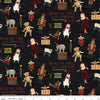 Image of the Naughty and Nice Toys Black quilting cotton fabric by Riley Blake Designs. Features toys on a black background. Cute Little Fabric Shop