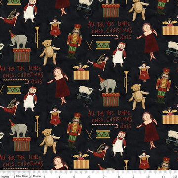 Image of the Naughty and Nice Toys Black quilting cotton fabric by Riley Blake Designs. Features toys on a black background. Cute Little Fabric Shop
