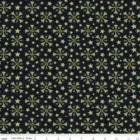 Image of the Naughty and Nice Trees Black quilting cotton fabric by Riley Blake Designs. Features trees on a black background. Cute Little Fabric Shop