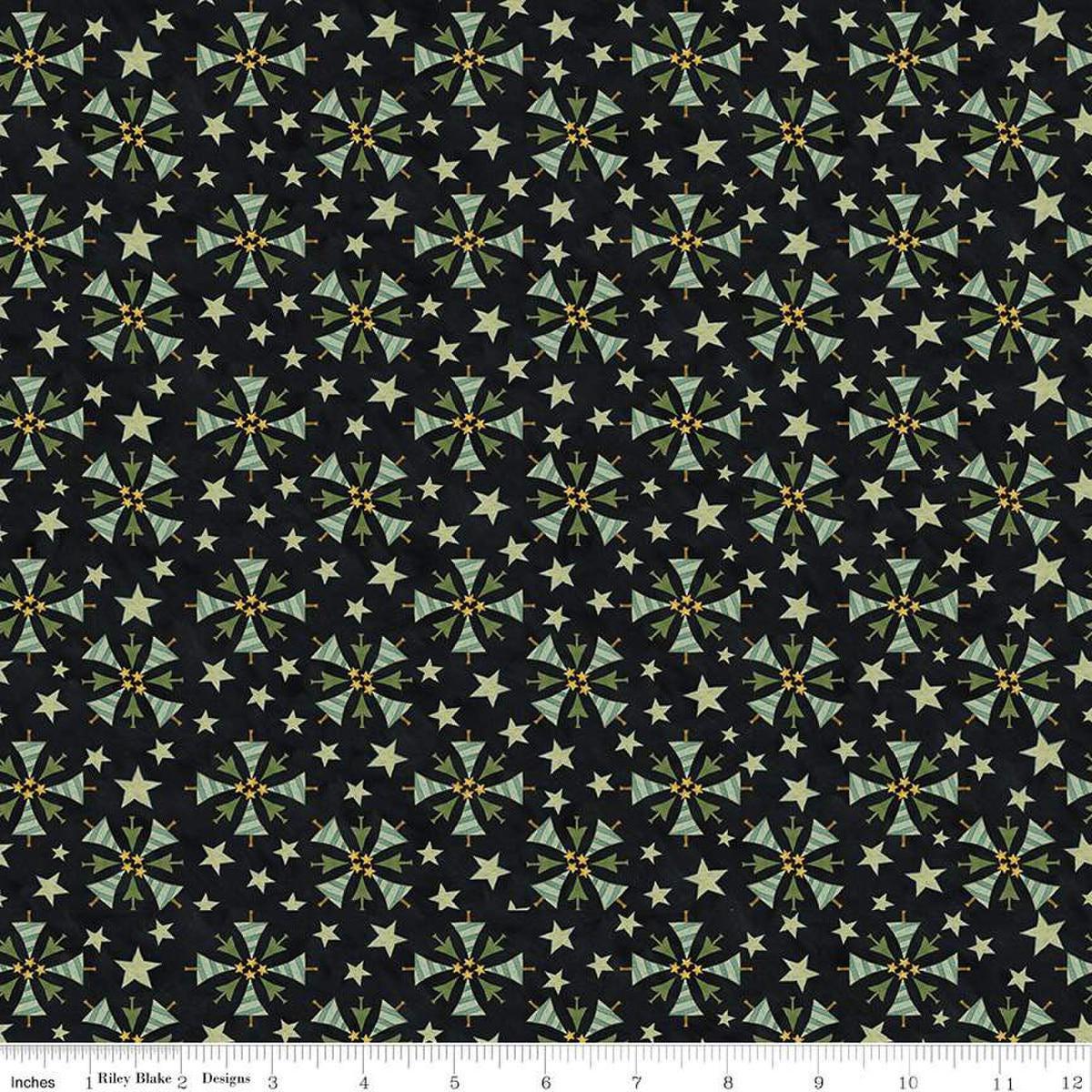 Image of the Naughty and Nice Trees Black quilting cotton fabric by Riley Blake Designs. Features trees on a black background. Cute Little Fabric Shop