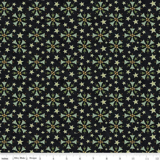 Image of the Naughty and Nice Trees Black quilting cotton fabric by Riley Blake Designs. Features trees on a black background. Cute Little Fabric Shop