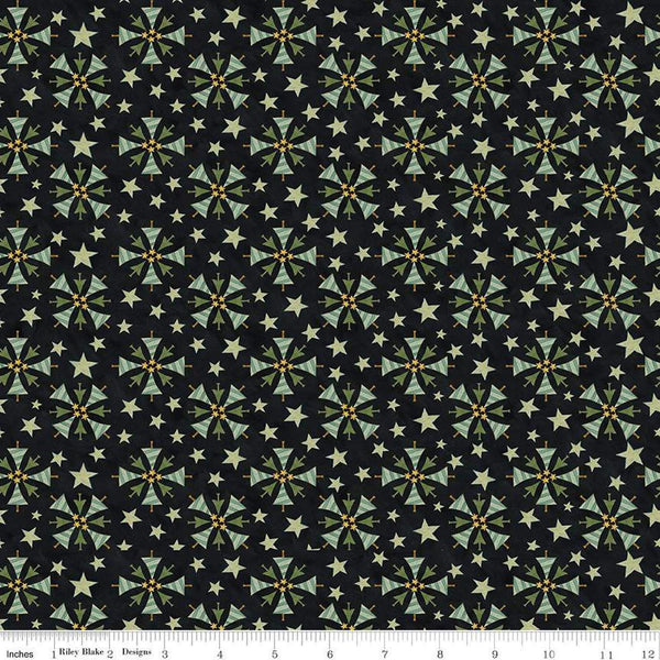 Image of the Naughty and Nice Trees Black quilting cotton fabric by Riley Blake Designs. Features trees on a black background. Cute Little Fabric Shop