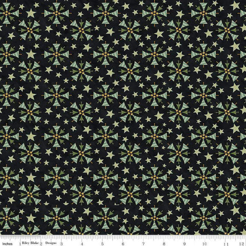 Image of the Naughty and Nice Trees Black quilting cotton fabric by Riley Blake Designs. Features trees on a black background. Cute Little Fabric Shop