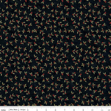 Image of the Naughty and Nice Holly Berries Black quilting cotton fabric by Riley Blake Designs. Features holly on a black background. Cute Little Fabric Shop