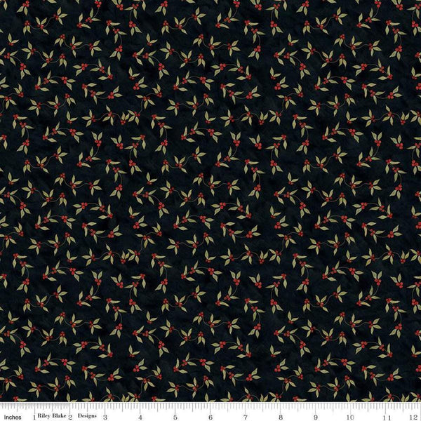 Image of the Naughty and Nice Holly Berries Black quilting cotton fabric by Riley Blake Designs. Features holly on a black background. Cute Little Fabric Shop