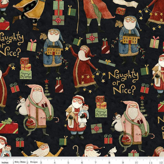 Image of the Naughty and Nice Main Black quilting cotton fabric by Riley Blake Designs. Features icons on a black background. Cute Little Fabric Shop