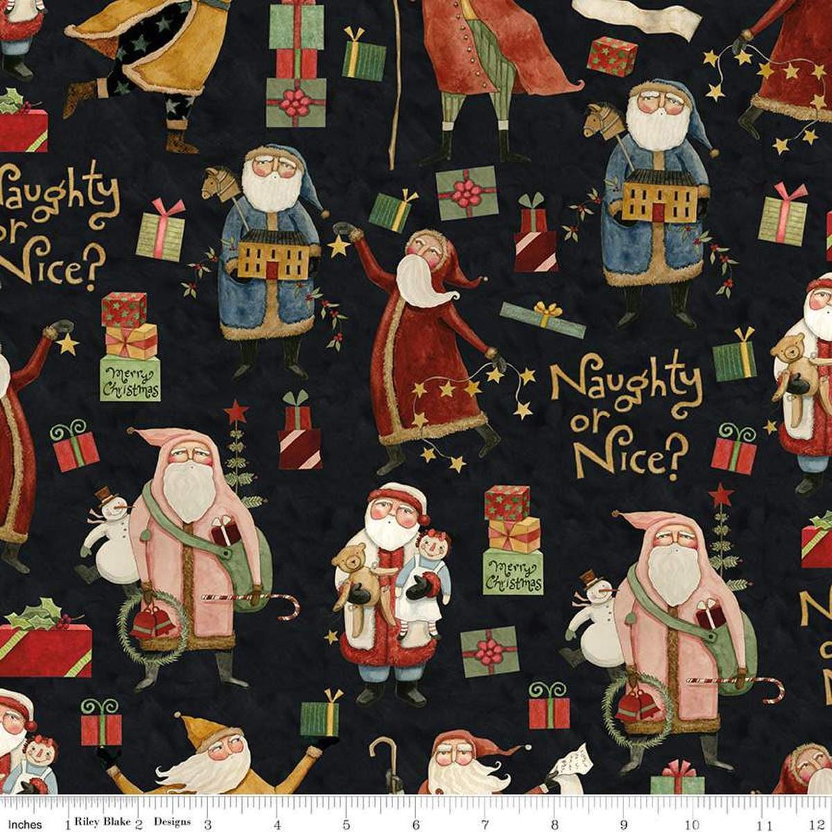 Image of the Naughty and Nice Main Black quilting cotton fabric by Riley Blake Designs. Features icons on a black background. Cute Little Fabric Shop