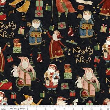 Image of the Naughty and Nice Main Black quilting cotton fabric by Riley Blake Designs. Features icons on a black background. Cute Little Fabric Shop