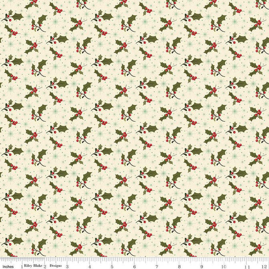 Image of the Glisten Holly Eggnog quilting cotton fabric by Riley Blake Designs. features berries on a cream background. Cute Little Fabric Shop