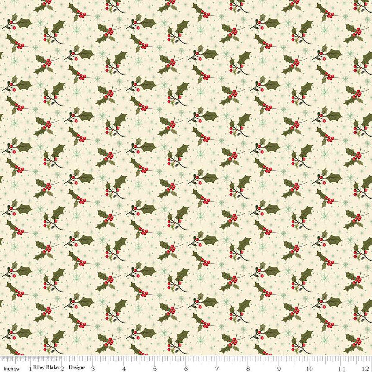 Image of the Glisten Holly Eggnog quilting cotton fabric by Riley Blake Designs. features berries on a cream background. Cute Little Fabric Shop