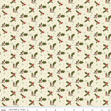 Image of the Glisten Holly Eggnog quilting cotton fabric by Riley Blake Designs. features berries on a cream background. Cute Little Fabric Shop