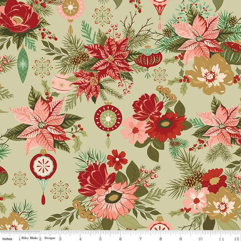 Image of the Glisten Main Olive quilting cotton fabric by Riley Blake Designs. features flowers on a green background. Cute Little Fabric Shop