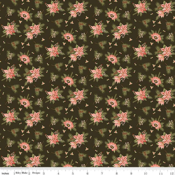 Image of the Glisten Floral Mocha quilting cotton fabric by Riley Blake Designs. features flowers on a green background. Cute Little Fabric Shop
