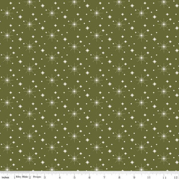 Image of the Glisten Stars Green  quilting cotton fabric by Riley Blake Designs. features stars on a green background. Cute Little Fabric Shop