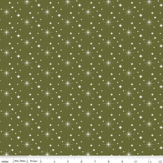 Image of the Glisten Stars Green  quilting cotton fabric by Riley Blake Designs. features stars on a green background. Cute Little Fabric Shop