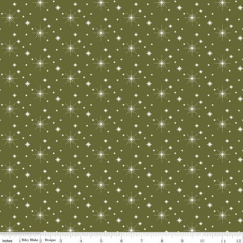 Image of the Glisten Stars Green  quilting cotton fabric by Riley Blake Designs. features stars on a green background. Cute Little Fabric Shop